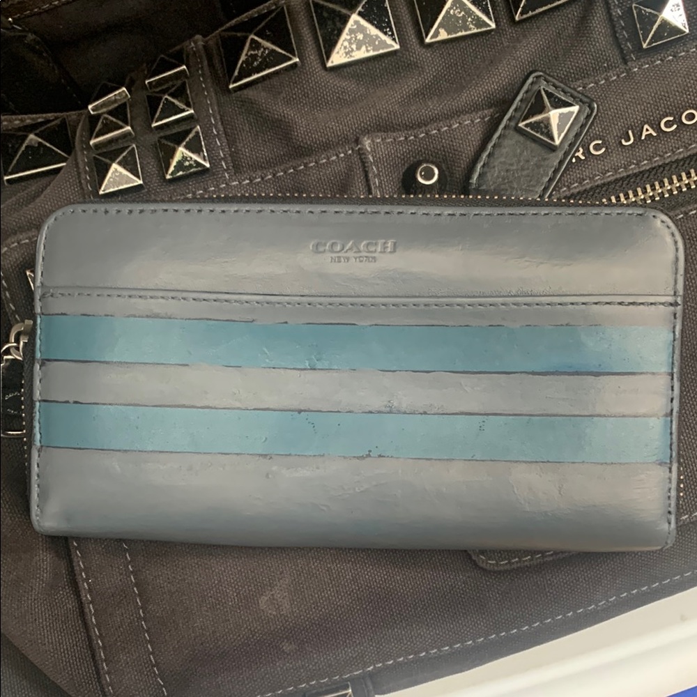 Authentic Leather Coach Striped Wallet in Blue and Gray!